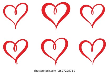 Collection of hand drawn calligraphy style heart of love symbol vector illustration on white background. Valentine's Day love icon set design element