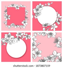 Collection of hand drawn cards with cherry blossoms. Sakura flowers, leaves, branches. Spring design elements. Wedding, invitation, birthday, Mother's day card concept. 