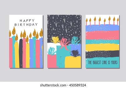 Collection of hand drawn cards and invitations with gold glitter texture. Candles, cake, gift boxes. Greeting happy birthday cards.