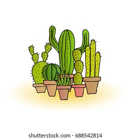 Collection of hand drawn cartoon cacti plants in plant pots