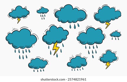 A collection of hand drawn cartoon clouds depicting rain and lightning various sizes and styles.