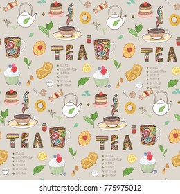 Collection of hand drawn cartoon doodle sketches on the theme of tea. Vector seamless pattern.