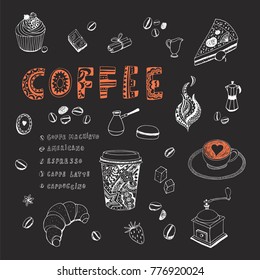 Collection of hand drawn cartoon doodle sketches on the theme of coffee. Vector illustrations set.