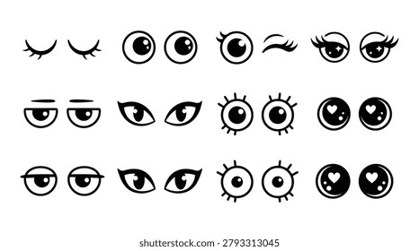 Collection of hand drawn cartoon eye pairs with varied emotions expressions handdrawn