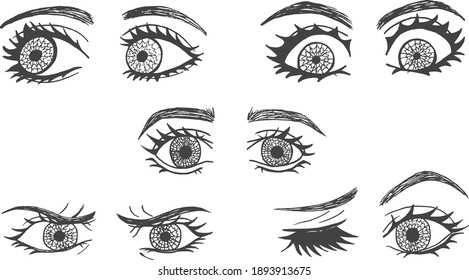 Collection of hand drawn cartoon eyes with eyebrows and full lashes. Vector format. Isolated. Set of 5 pairs of eyes. Wink, big, angry or focused, surprised eyes. Looking to the front and to the side