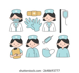 Collection of hand drawn cartoon nurses with medical supplies