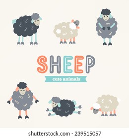 Collection of hand drawn cartoon sheep. Animal characters. Symbol of 2015 year. Perfect for greeting cards, child textile, cartoon illustrations, scrap booking elements, stickers. Vector illustration