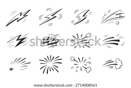Collection of hand drawn cartoon style explosion speed and action effects illustrations in black and white