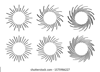 Collection of Hand drawn cartoon water explosion doodle. Swirling rays. Vector illustration.
