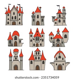 Collection of hand drawn castle isolated on white background. Set of doodle castle icons. Vector illustration.