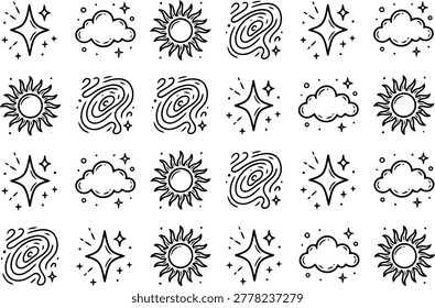 Collection of hand drawn celestial icons featuring sun, star, cloud, and galaxy elements. Doodle style vector illustrations for space and sky themes.