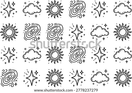 Collection of hand drawn celestial icons featuring sun, star, cloud, and galaxy elements. Doodle style vector illustrations for space and sky themes.