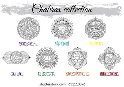 Collection with hand drawn chakras of human body and colorful lettering. Hand drawn black and white illustrations, vector doodle drawings