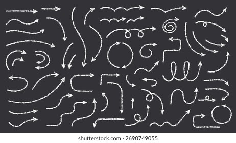 Collection of hand drawn chalk arrows in various directions on dark background