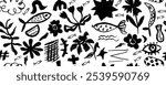 Collection of hand drawn  charcoal doodle shapes and squiggles in childish girly style. Pencil drawings isolated on white. Stars, grid, flower, eye, fish, branch and cloud doodle collage elements