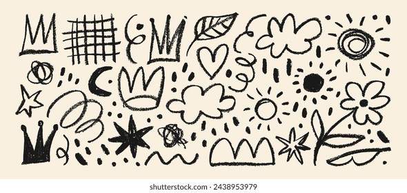 Collection of hand drawn charcoal doodle shapes and squiggles in childish girly style. Pencil drawings isolated on white. Crown, stars, flower, heart and grid doodle collage elements.