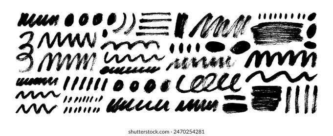 Collection of hand drawn charcoal doodle shapes and squiggles. Strike through, underlines and doodle shapes for hand drawn diagrams and notes. Sketchy brush squiggle lines and strokes, circles.