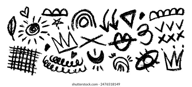 Collection of hand drawn charcoal doodle shapes and squiggles in childish girly style. Pencil drawings isolated on black. Crown, stars, flower, heart and grid doodle collage elements.