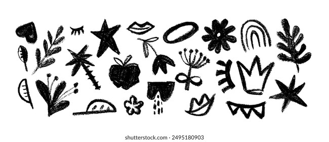 Collection of hand drawn charcoal doodle shapes and squiggles in childish girly style. Pencil drawings isolated on white. Crown, stars, flower, heart and eye doodle collage elements.