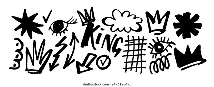 Collection of hand drawn  charcoal doodle shapes and squiggles in childish girly style. Pencil drawings isolated on white. Crown, stars, arrow, cloud, eyes and grid doodle collage elements.