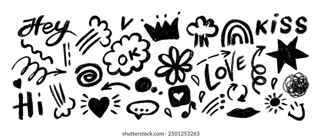 Collection of hand drawn charcoal doodle shapes and squiggles in childish girly style. Pencil drawings isolated on white. Crown, stars, flower, heart and arrow doodle collage elements.