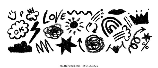Collection of hand drawn charcoal doodle shapes and squiggles in childish girly style. Pencil drawings isolated on white. Crown, stars, speech bubble, heart and rainbow doodle collage elements.