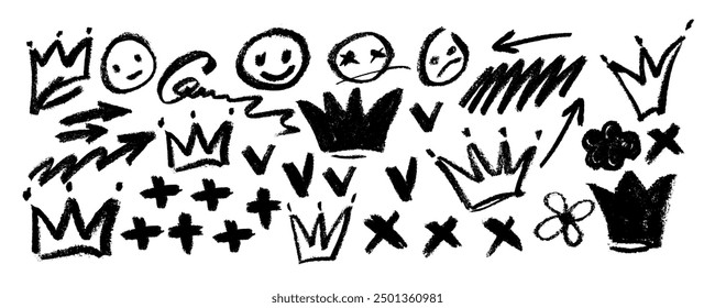 Collection of hand drawn charcoal doodle shapes and squiggles in childish girly style. Various curved arrows, circles, check marks, mathematical signs, crown, smile, emotion,  doodle collage element