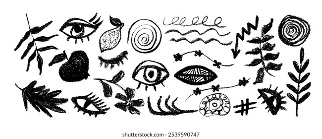 Collection of hand drawn  charcoal doodle shapes and squiggles in childish girly style. Pencil drawings isolated on white. Crowns, stars, flower, eye, cloud and arrows doodle collage elements