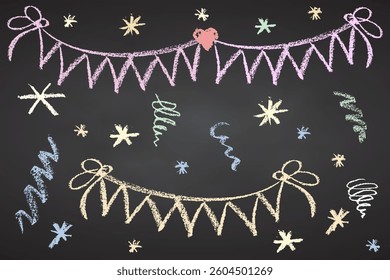 Collection of hand drawn charcoal doodle birthday party simbol shapes Childish girly style. Pencil drawings Color elements on black chalkboard. Vector illustration