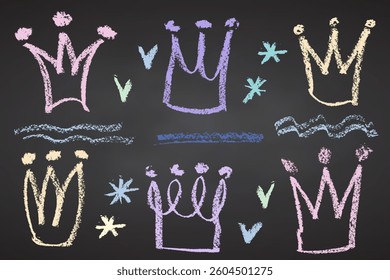 Collection of hand drawn charcoal doodle crown shapes Childish girly style. Pencil drawings Color elements on black chalkboard. Grunge chalk crayon scribbles doodles textures. Vector illustration.