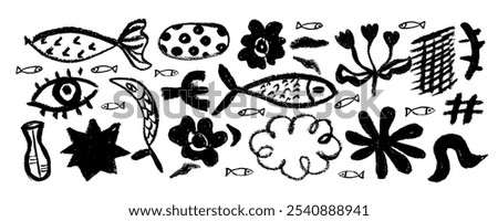 Collection of hand drawn  charcoal doodle shapes and squiggles in childish girly style. Pencil drawings isolated on white. Star,grid,  flower, eye, fish, branch and cloud doodle collage elements