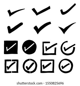 collection of hand drawn check mark signs isolated on white background with doodle style