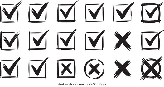 Colección de marcas de verificación dibujadas a mano y símbolos x en diferentes estilos y arreglos sobre un fondo blanco que muestra varios Elementos de diseño.