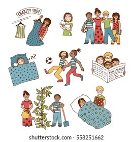 Collection of hand drawn children involved in various activities, like playing, sleeping, reading, caring for one another and doing charitable work