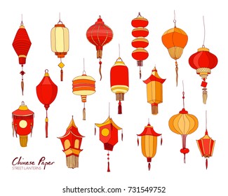 Collection of hand drawn Chinese red paper street lanterns of various shapes and sizes isolated on white background. Set of beautiful traditional asian festival decorations. Vector illustration.