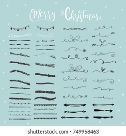 Collection of hand drawn christmas borders with lettering. Cute and unique ink swirls and dividers for your design. Vector.