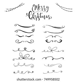 Collection of hand drawn christmas borders with lettering. Cute and unique ink swirls and dividers for your design. Vector.