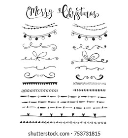 Collection of hand drawn christmas borders with lettering. Cute and unique ink swirls and dividers for your design. Vector.