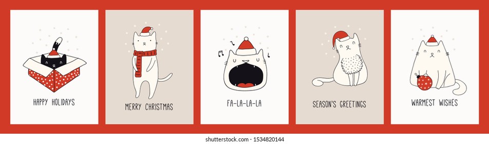 Collection of hand drawn Christmas cards with cute cats in Santa Claus hats, quotes. Vector illustration. Line drawing. Design concept for holiday print, invite, banner, gift tag.