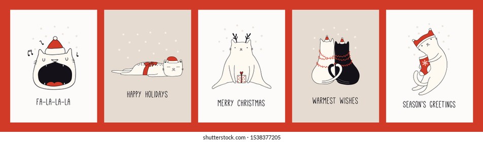 Collection hand drawn Christmas cards and cute cats in Santa Claus hats  quotes  Vector illustration  Line drawing  Design concept for holiday print  invite  banner  gift tag 