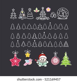 Collection of hand drawn Christmas elements including Christmas tree, decorations, presents, stars, birds and Santa Claus