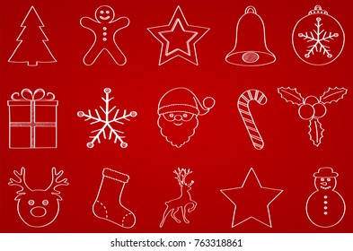 Collection of hand drawn Christmas ornaments on red background. Vector.