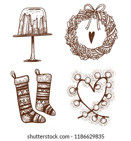 Collection of hand drawn Christmas set. Monochrome vector illustrations in cartoon style.