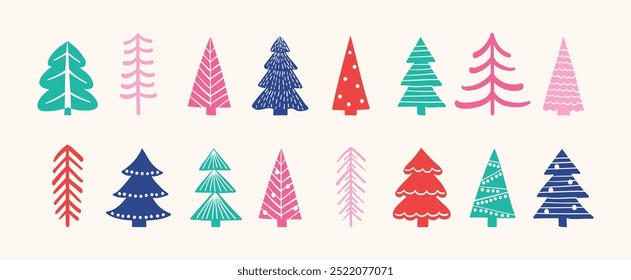 Coleção de uma mão desenhou ícones de árvore de Natal. Decorações de férias. Ilustração vetorial