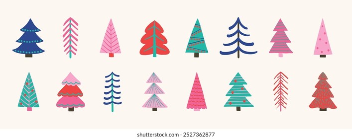 Colección de un árbol de Navidad dibujado a mano. Decoraciones de Festiva. Ilustración vectorial