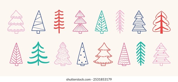 Coleção de uma mão desenhou ícones de árvore de Natal. Decorações de férias. Ilustração vetorial