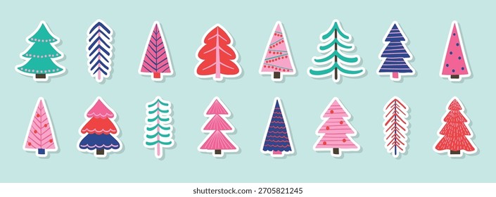 Coleção de uma mão desenhou adesivos de árvore de Natal. Decorações de férias. Ilustração vetorial
