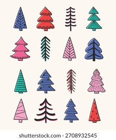 Collection of a hand drawn Christmas tree icons. Holiday decorations. Vector illustration