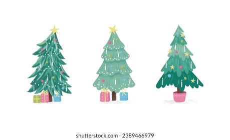 Collection of hand drawn Christmas trees with decoration and candles. Colorful vector illustration.