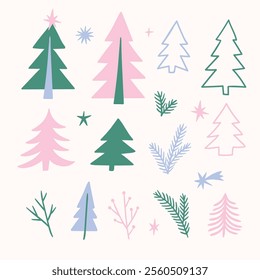 Collection of hand drawn Christmas trees, branches and stars. Festive clip art. Abstract doodle wood set. Colorful vector illustration in Scandinavian style.